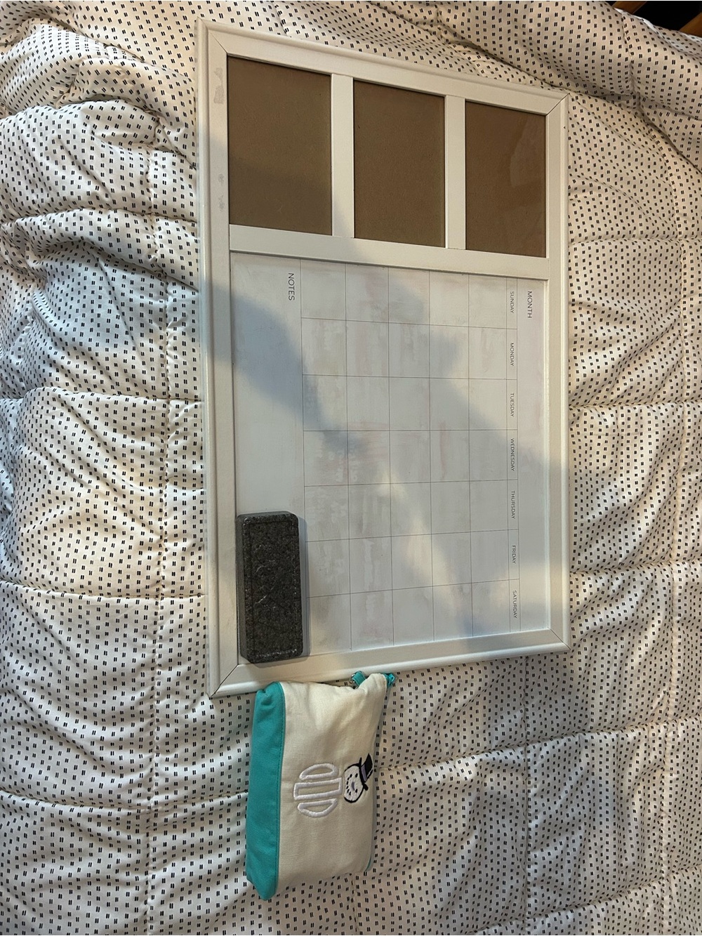 Magnetic Monthly Whiteboard Calendar with Cork Panels - White Frame with markers